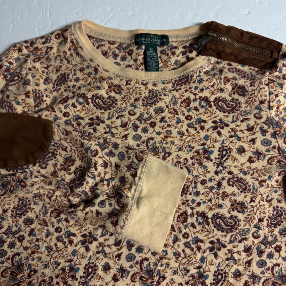 Lauren Jeans Co. Ralph Lauren Floral Print Long‎ Sleeve Top w Suede Trim M